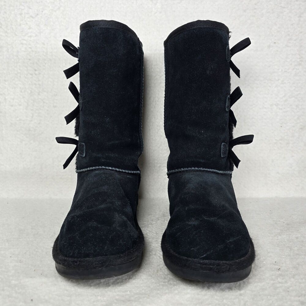 Koolaburra By Ugg Victoria Girls Size 3 Black Suede Fur Lined With Bows #1090330 - Picture 2 of 8
